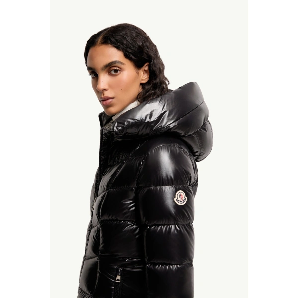 Moncler Marusse Hooded Mid-Length Down Jacket in Black, view 3 | Women's Puffer and Down Coats | Coveti