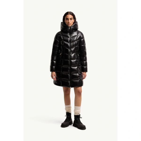 Moncler Marusse Hooded Mid-Length Down Jacket in Black, view 4 | Women's Puffer and Down Coats | Coveti