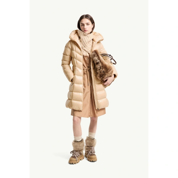 Moncler Marusse Hooded Mid-Length Down Jacket in Light Beige, view 2 | Women's Puffer and Down Coats | Coveti