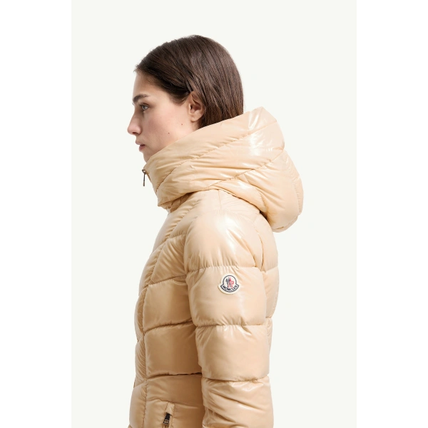 Moncler Marusse Hooded Mid-Length Down Jacket in Light Beige, view 3 | Women's Puffer and Down Coats | Coveti