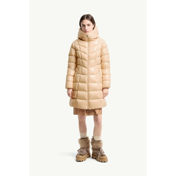 Moncler Marusse Hooded Mid-Length Down Jacket in Light Beige, view 4 | Women's Puffer and Down Coats | Coveti