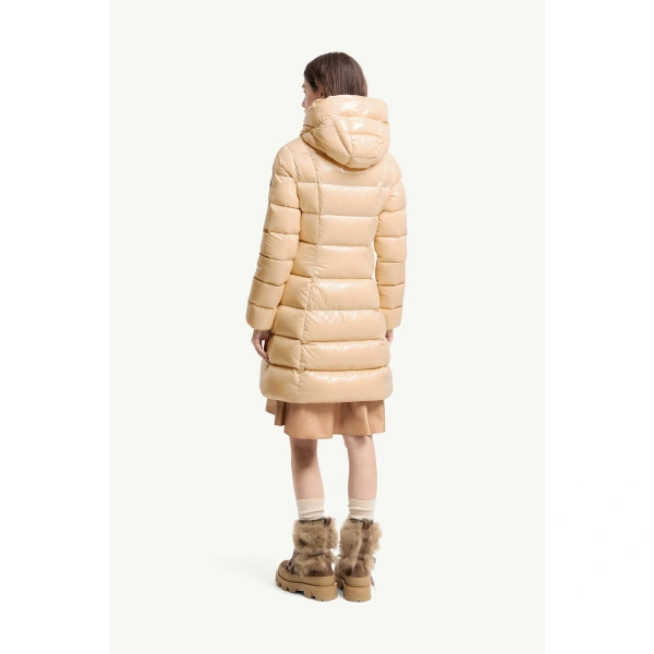 Moncler Marusse Hooded Mid-Length Down Jacket in Light Beige, view 5 | Women's Puffer and Down Coats | Coveti