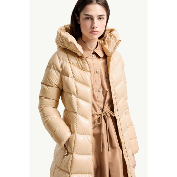 Moncler Marusse Hooded Mid-Length Down Jacket in Light Beige, view 6 | Women's Puffer and Down Coats | Coveti