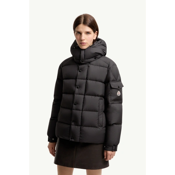 Moncler Maya 70 Hooded Short Down Jacket in Black, view 4 | Women's Puffer Jackets | Coveti
