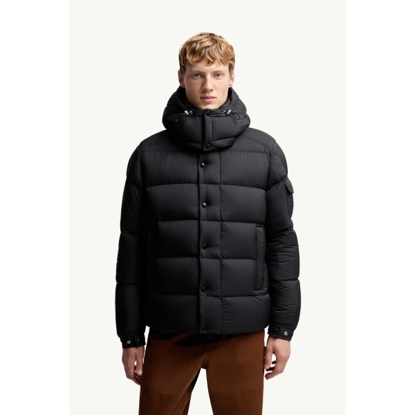 Moncler Maya 70 Hooded Short Down Jacket in Black, view 4 | Men's Jackets | Coveti