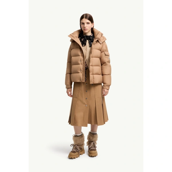 Moncler Maya 70 Hooded Short Down Jacket in Camel Beige, view 2 | Women's Puffer Jackets | Coveti