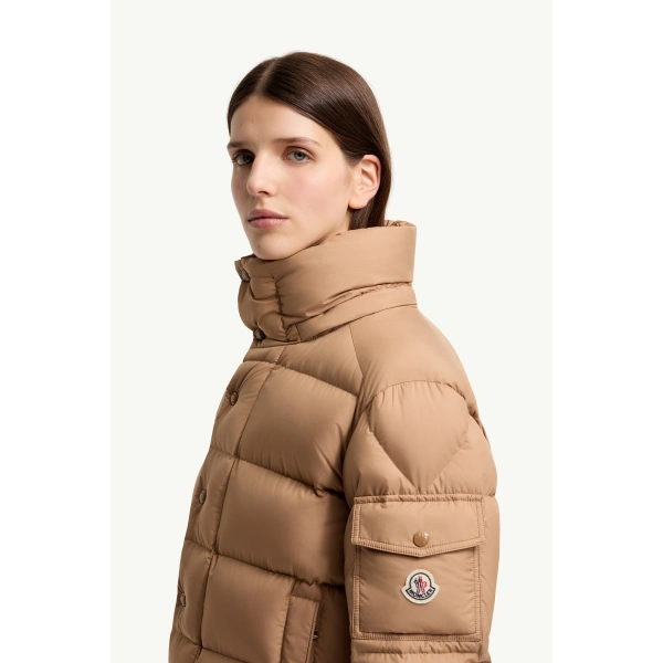 Moncler Maya 70 Hooded Short Down Jacket in Camel Beige, view 3 | Women's Puffer Jackets | Coveti