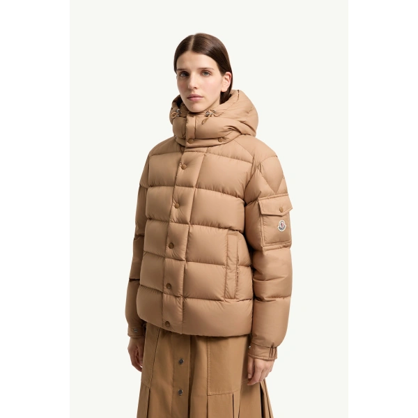Moncler Maya 70 Hooded Short Down Jacket in Camel Beige, view 4 | Women's Puffer Jackets | Coveti