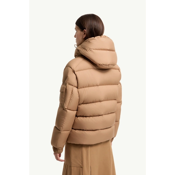 Moncler Maya 70 Hooded Short Down Jacket in Camel Beige, view 5 | Women's Puffer Jackets | Coveti