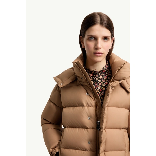 Moncler Maya 70 Hooded Short Down Jacket in Camel Beige, view 6 | Women's Puffer Jackets | Coveti