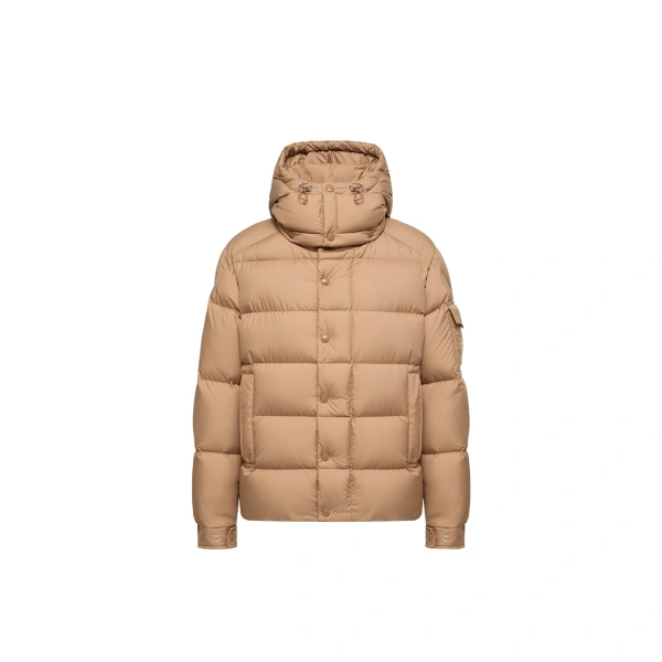 Maya 70 Hooded Short Down Jacket in Camel Beige