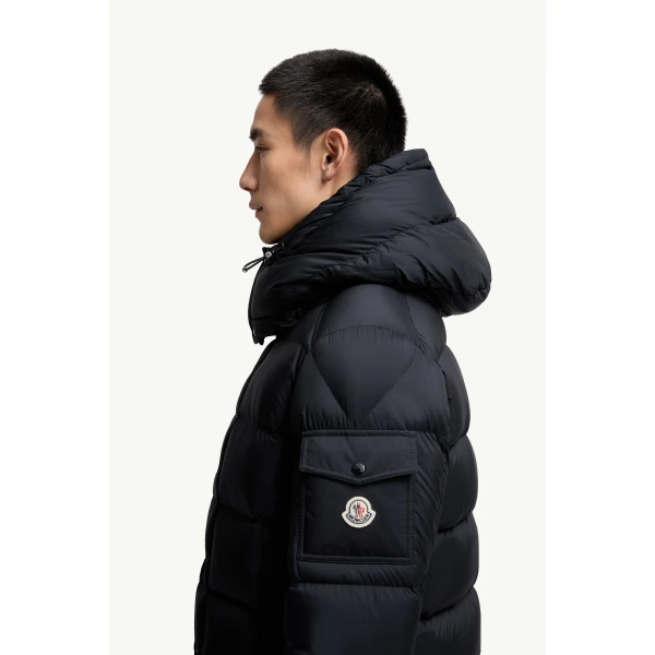 Moncler Maya 70 Hooded Short Down Jacket in Night Blue, view 3 | Men's Jackets | Coveti