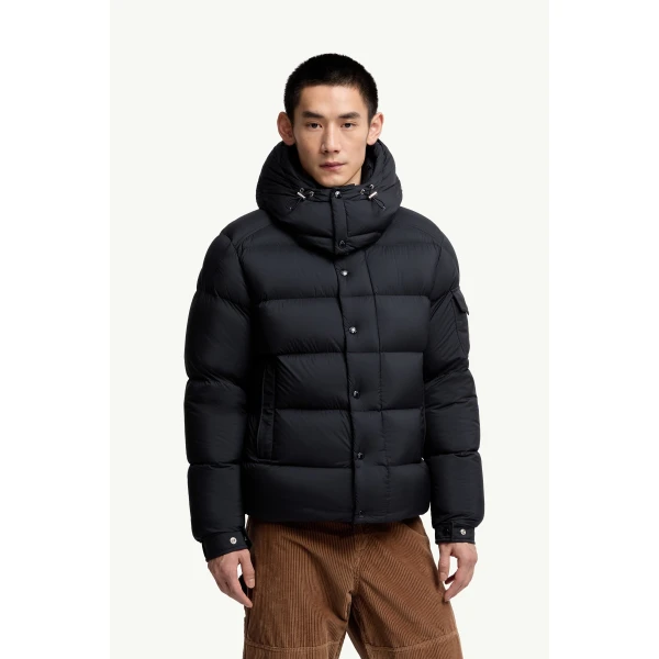 Moncler Maya 70 Hooded Short Down Jacket in Night Blue, view 4 | Men's Jackets | Coveti