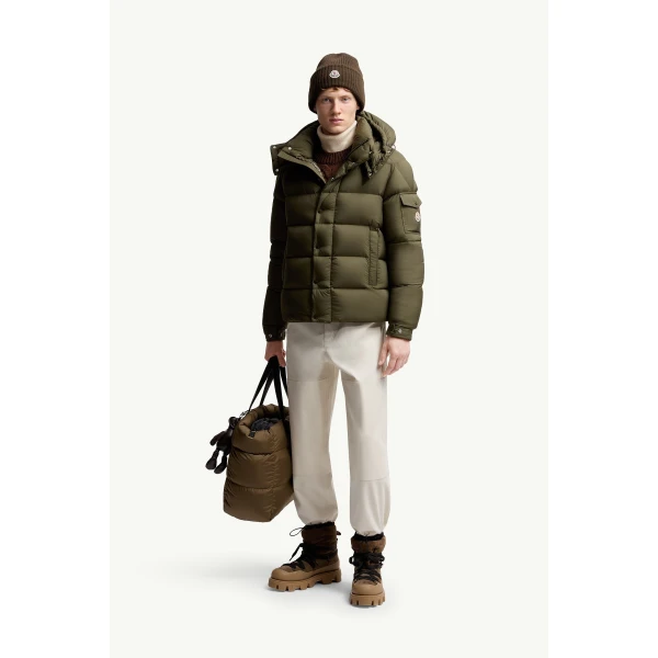 Moncler Maya 70 Hooded Short Down Jacket in Olive Green, view 2 | Men's Jackets | Coveti