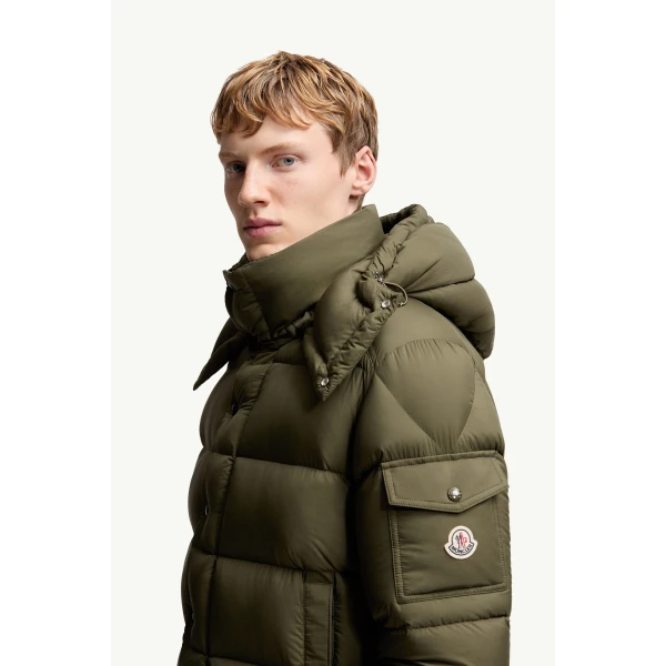 Moncler Maya 70 Hooded Short Down Jacket in Olive Green, view 3 | Men's Jackets | Coveti
