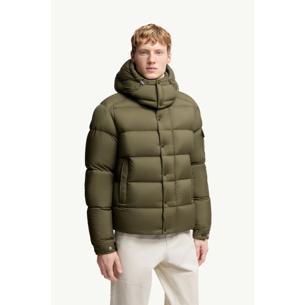 Moncler Maya 70 Hooded Short Down Jacket in Olive Green, view 4 | Men's Jackets | Coveti