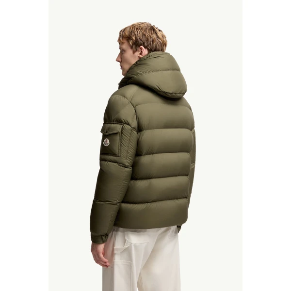 Moncler Maya 70 Hooded Short Down Jacket in Olive Green, view 5 | Men's Jackets | Coveti