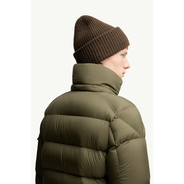 Moncler Maya 70 Hooded Short Down Jacket in Olive Green, view 6 | Men's Jackets | Coveti