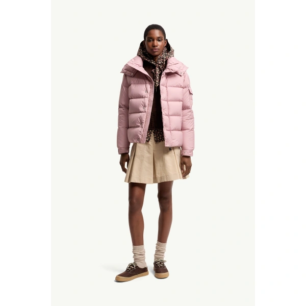 Moncler Maya 70 Hooded Short Down Jacket in Pink, view 2 | Women's Puffer Jackets | Coveti