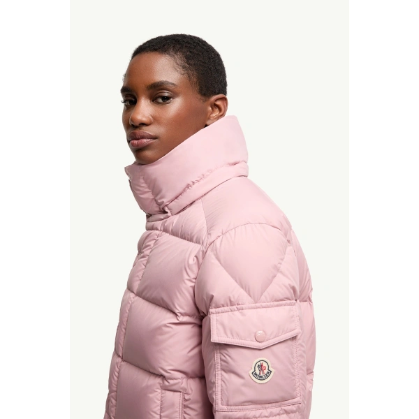 Moncler Maya 70 Hooded Short Down Jacket in Pink, view 3 | Women's Puffer Jackets | Coveti