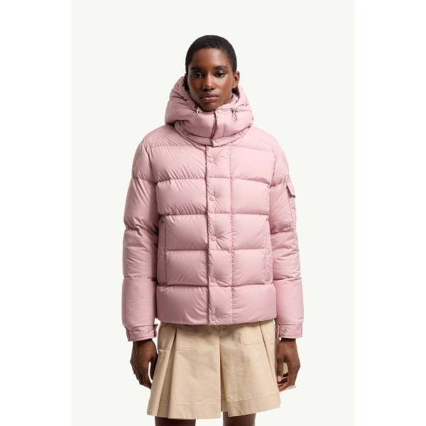 Moncler Maya 70 Hooded Short Down Jacket in Pink, view 4 | Women's Puffer Jackets | Coveti
