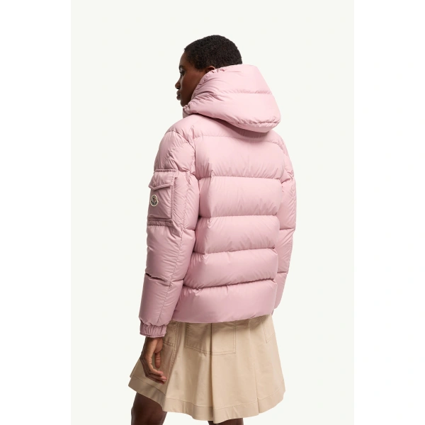 Moncler Maya 70 Hooded Short Down Jacket in Pink, view 5 | Women's Puffer Jackets | Coveti