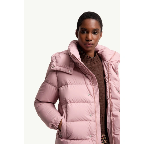 Moncler Maya 70 Hooded Short Down Jacket in Pink, view 6 | Women's Puffer Jackets | Coveti