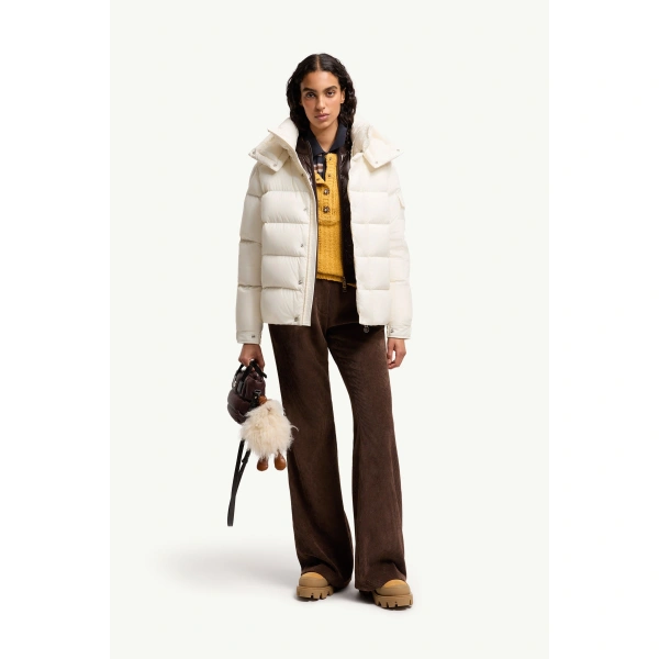Moncler Maya 70 Hooded Short Down Jacket in White, view 2 | Women's Puffer Jackets | Coveti