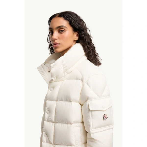 Moncler Maya 70 Hooded Short Down Jacket in White, view 3 | Women's Puffer Jackets | Coveti