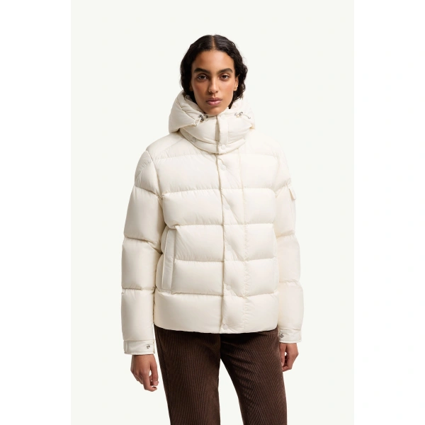 Moncler Maya 70 Hooded Short Down Jacket in White, view 4 | Women's Puffer Jackets | Coveti