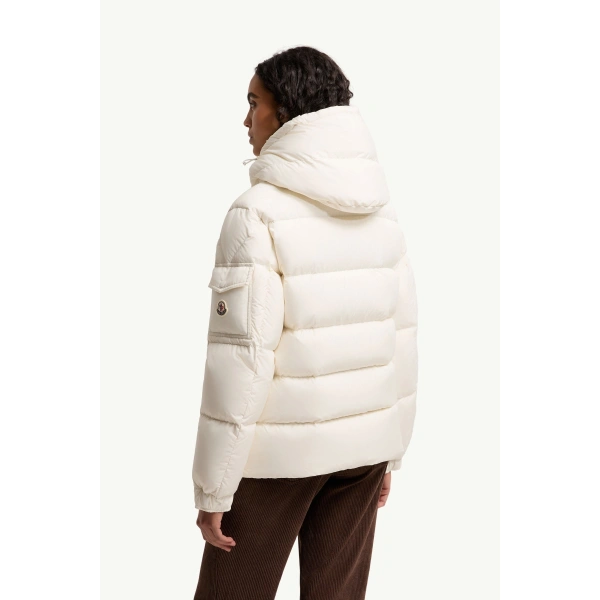 Moncler Maya 70 Hooded Short Down Jacket in White, view 5 | Women's Puffer Jackets | Coveti