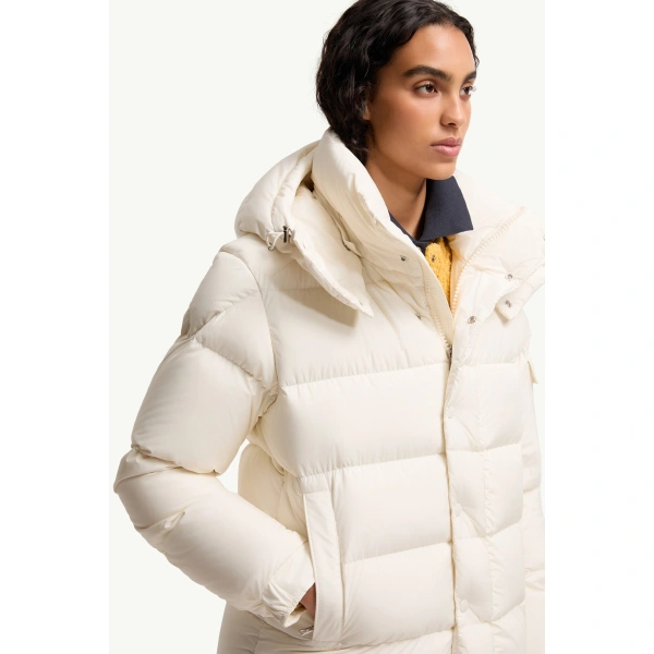 Moncler Maya 70 Hooded Short Down Jacket in White, view 6 | Women's Puffer Jackets | Coveti