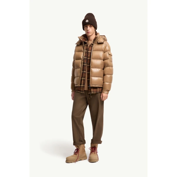 Moncler Maya Hooded Short Down Jacket in Beige, view 2 | Men's Jackets | Coveti