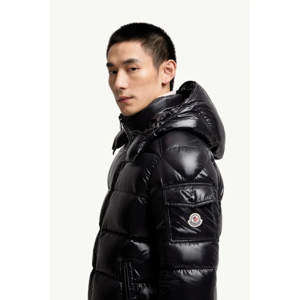 Moncler Maya Hooded Short Down Jacket in Black, view 3 | Men's Jackets | Coveti