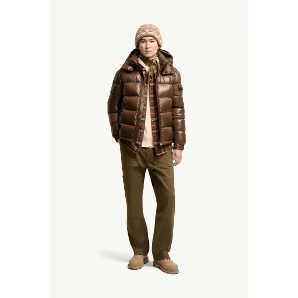 Moncler Maya Hooded Short Down Jacket in Brown, view 2 | Men's Jackets | Coveti