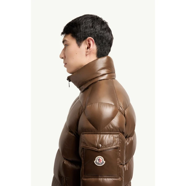 Moncler Maya Hooded Short Down Jacket in Brown, view 3 | Men's Jackets | Coveti