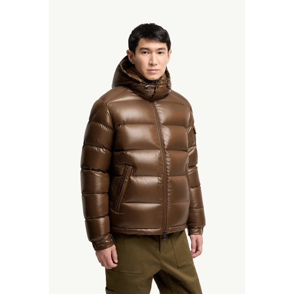 Moncler Maya Hooded Short Down Jacket in Brown, view 4 | Men's Jackets | Coveti