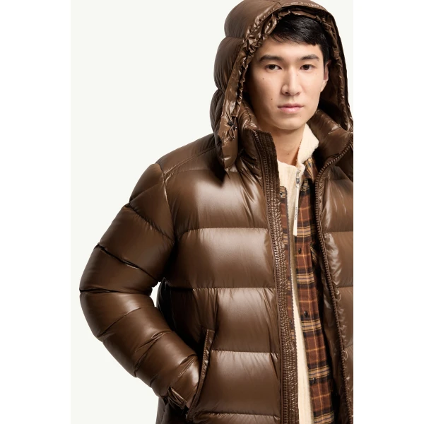 Moncler Maya Hooded Short Down Jacket in Brown, view 6 | Men's Jackets | Coveti