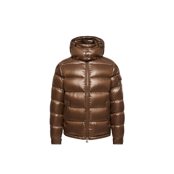 Moncler Maya Hooded Short Down Jacket in Brown | Men's Jackets | Coveti