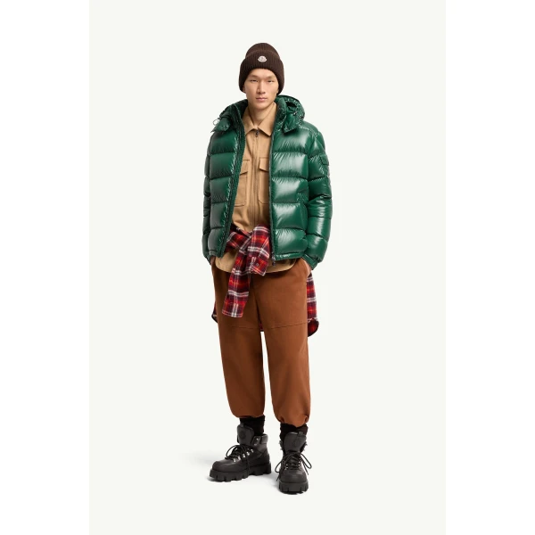 Moncler Maya Hooded Short Down Jacket in Dark Green, view 2 | Men's Jackets | Coveti