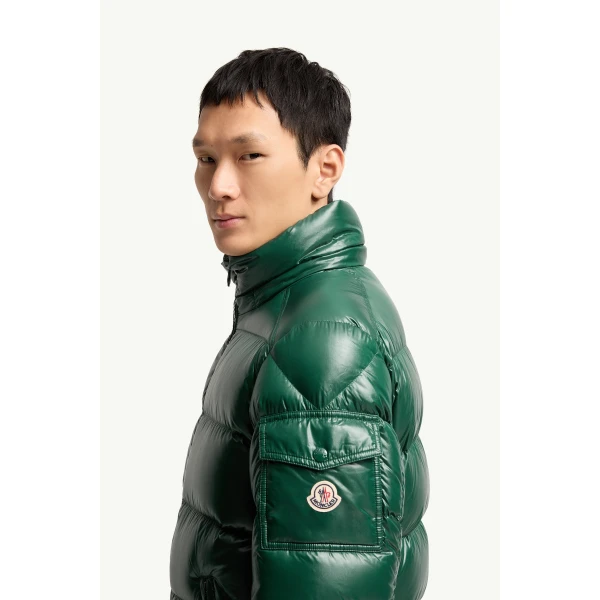 Moncler Maya Hooded Short Down Jacket in Dark Green, view 3 | Men's Jackets | Coveti
