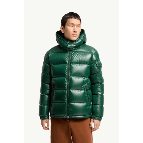 Moncler Maya Hooded Short Down Jacket in Dark Green, view 4 | Men's Jackets | Coveti