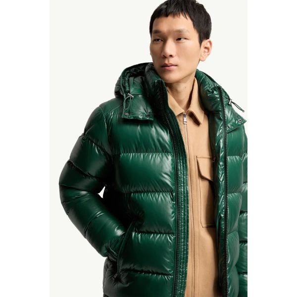 Moncler Maya Hooded Short Down Jacket in Dark Green, view 6 | Men's Jackets | Coveti