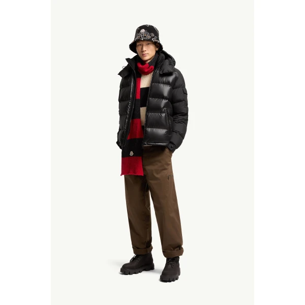 Moncler Maya Hooded Short Down Jacket in Metallic Black, view 2 | Men's Jackets | Coveti