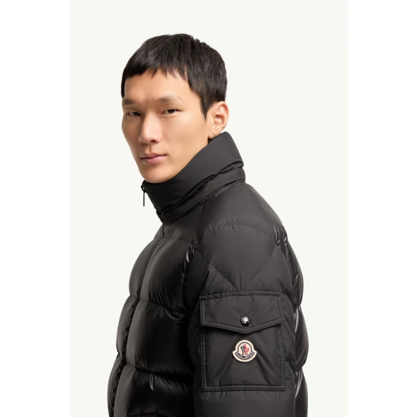 Moncler Maya Hooded Short Down Jacket in Metallic Black, view 3 | Men's Jackets | Coveti