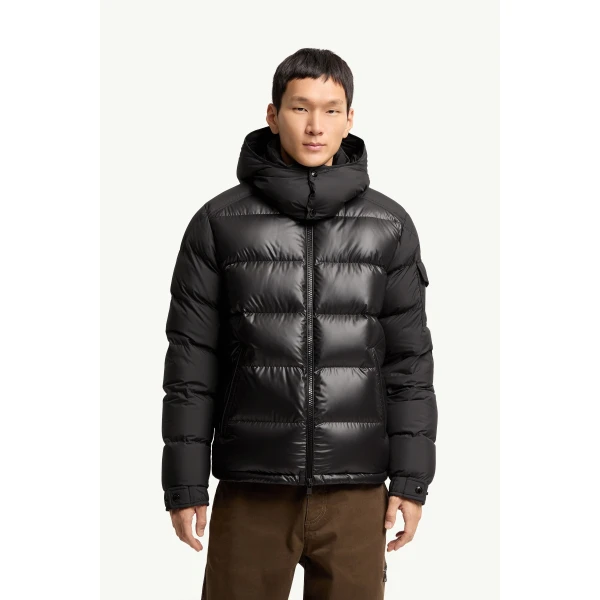 Moncler Maya Hooded Short Down Jacket in Metallic Black, view 4 | Men's Jackets | Coveti