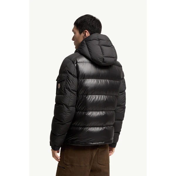 Moncler Maya Hooded Short Down Jacket in Metallic Black, view 5 | Men's Jackets | Coveti