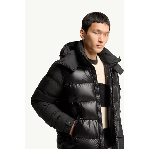 Moncler Maya Hooded Short Down Jacket in Metallic Black, view 6 | Men's Jackets | Coveti