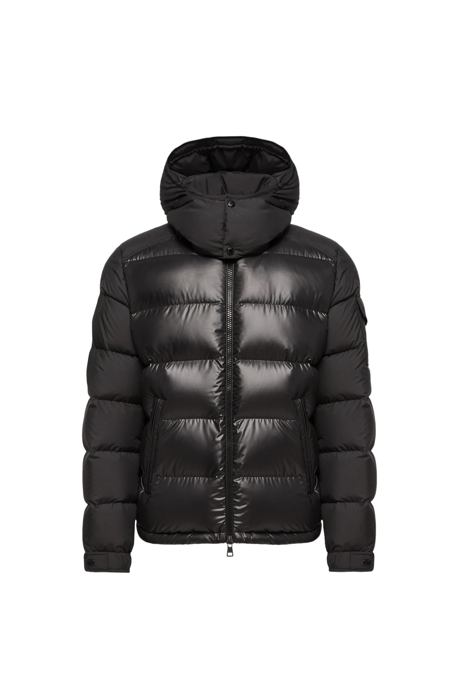 Moncler Maya Hooded Short Down Jacket in Metallic Black Moncler Maya Hooded Short Down Jacket in Metallic Black | Men's Jackets | Coveti