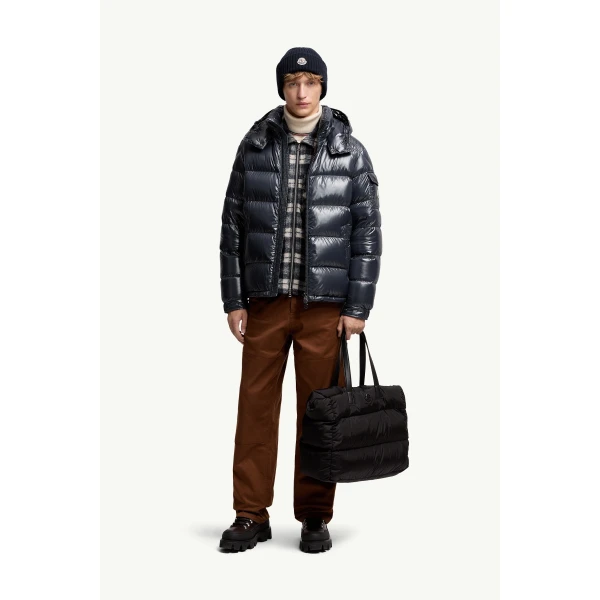 Moncler Maya Hooded Short Down Jacket in Navy Blue, view 2 | Men's Jackets | Coveti